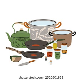 Kitchen utensils. Kitchenware tools and equipment. Frying pan, saucepan, knives and forks. Cutlery objects for food cooking modern contemporary crockery cartoon flat isolated vector illustration