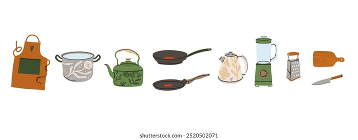 Kitchen utensils. Kitchenware tools and equipment. Frying pan, saucepan, knives and forks. Cutlery objects for food cooking modern contemporary crockery cartoon flat isolated vector illustration