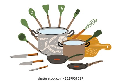 Utensílios de cozinha. Ferramentas e equipamentos para utensílios de cozinha. Frigideira, panela, facas e garfos. Talheres objetos para alimentos cozinhando moderno contemporâneo loiça desenhos animados plano isolado vetor ilustração