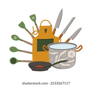 Kitchen utensils. Kitchenware tools and equipment. Frying pan, saucepan, knives and forks. Cutlery objects for food cooking modern contemporary crockery cartoon flat isolated vector illustration