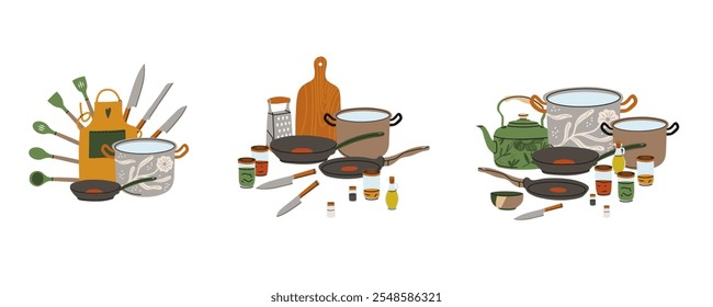 Kitchen utensils. Kitchenware tools and equipment. Frying pan, saucepan, knives and forks. Cutlery objects for food cooking modern contemporary crockery cartoon flat isolated vector illustration