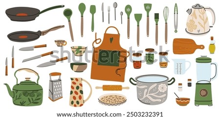 Kitchen utensils. Kitchenware tools and equipment. Frying pan, saucepan, knives and forks. Cutlery objects for food cooking modern contemporary crockery cartoon flat style isolated vector illustration