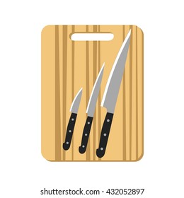 Kitchen utensils. Knife set on wooden cutting board. Flat icon. Vector illustration.