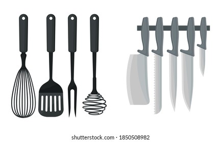 Kitchen Utensils with Knives and Spatula for Food Preparation Vector Set