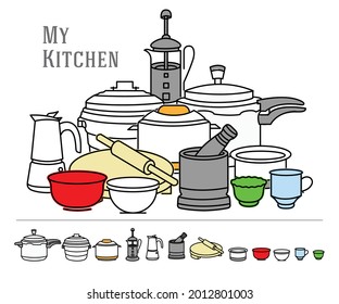 Kitchen utensils in Line art form