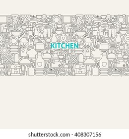 Kitchen Utensils Line Art Seamless Web Banner. Vector Illustration for Website banner and landing page. Kitchenware and Cooking Modern Design.