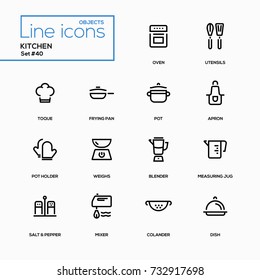 Kitchen utensils - line design icons set. Everything about cooking things. Oven, toque, frying pan, pot, apron, holder, weights, blender, measuring jug, salt, pepper, mixer, colander, dish