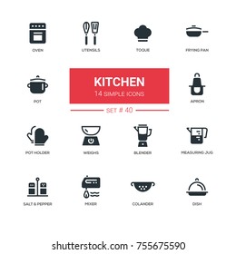 Kitchen utensils - line design icons set. Everything about cooking things. Oven, toque, frying pan, pot, apron, holder, weights, blender, measuring jug, salt, pepper, mixer, colander, dish