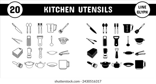 Kitchen Utensils Line Glyph Vector Illustration Icon Sticker Set Design Materials