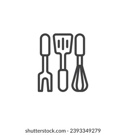 Icono de línea de utensilios de cocina. signo de estilo lineal para concepto móvil y diseño web. Icono vectorial de contorno de espátula, bifurcación y bigote. Símbolo, ilustración del logotipo. Gráficos vectoriales