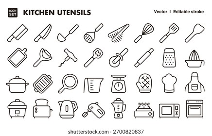 Küchenutensilien Linie Symbol-Set. Vektorsymbol für bearbeitbare Konturen.