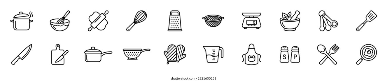 kitchen utensils line icon set for cooking and food preparation commercial use on transparent background