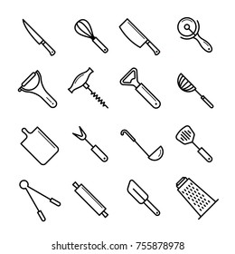 kitchen utensils line icon set 