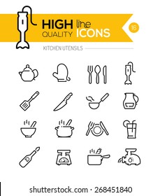 Kitchen Utensils line icons including, cookers, appliances, tools etc..