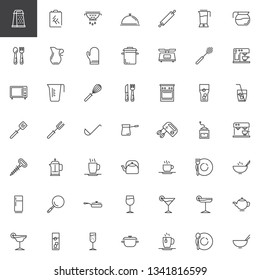 Kitchen utensils line icons set. linear style symbols collection, outline signs pack. vector graphics. Set includes icons as Cheese grater, Cutting board, food strainer, Cutlery, Coffee machine, stove