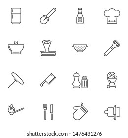 Kitchen utensils line icons set. linear style symbols collection, outline signs pack. vector graphics. Set includes icons as cook hat, fork and knife cutlery, cutting board, fridge, grill, scales