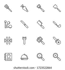 Kitchen utensils line icons set, outline vector symbol collection, linear style pictogram pack. Signs, logo illustration. Set includes icons as spatula, knife, soup ladle, pizza cutter, recipe book