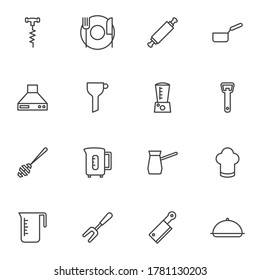 Kitchen utensils line icons set, kitchenware outline vector symbol collection, linear style pictogram pack. Signs, logo illustration. Set includes icons as plate, fork, knife, bottle opener, blender