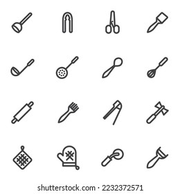 Kitchen utensils line icons set, outline vector symbol collection, linear style pictogram pack. Signs, logo illustration. Set includes icons as pot holder, kitchen glove, pizza cutter, soup ladle