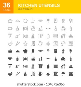 Kitchen Utensils Line Web Glyph. Vector Illustration of Food Outline and Solid Symbols. 