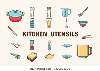 Kitchen Utensils Lineal Color Vector Illustration Icon Sticker Set Design Materials