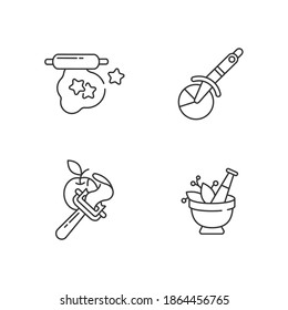 Kitchen utensils linear icons set. Cookie cutter. Pizza wheel knife. Vegetable peeler. Mortar and pestle. Customizable thin line contour symbols. Isolated vector outline illustrations. Editable stroke