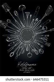 Los utensilios de cocina están alineados alrededor. Afiche de época. Cocina. 