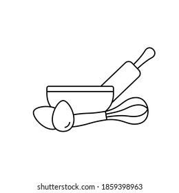 Kitchen utensils for making bakery products, pie, cake or pastries. Linear emblem. Bowl, rolling pin, whisk, chicken eggs. Basic icon of cooking dough. Black contour isolated vector pictogram