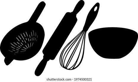 Kitchen utensils for making dough in a set.