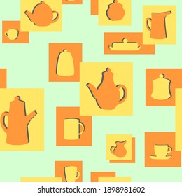 with kitchen utensils for making tea in rectangles of yellow and orange color on a pale green background. Vector EPS8 illustration