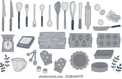 Kitchen utensils monochrome illustration set