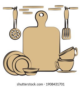 Utensilios de cocina en estilo monocromo, espacio central para el logotipo o texto, concepto de cocina, plantilla vectorial para afiches, banner, ilustración, diseño plano.
