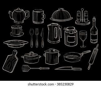 Kitchen Utensils on a Chalkboard Background, Vector Collection