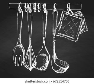 Kitchen utensils on the chalkboard.Vector illustration in a sketch style.