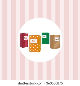 Kitchen utensils on a pink background wallpaper. Jars for cereals.