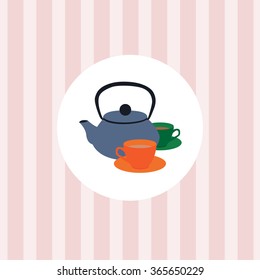 Kitchen utensils on a pink background wallpaper. Teapot and cups.