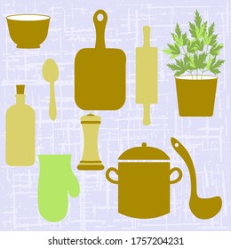 
Kitchen utensils on a purple background, textured, artistic. Vector illustration of items for cooking.