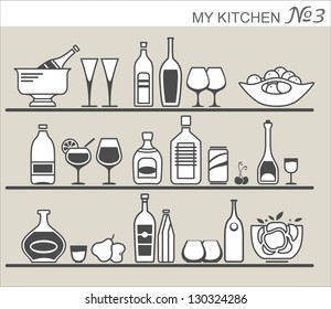 Kitchen utensils on shelves #3
