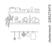 Kitchen utensils on shelves. Shelves with bowls, bottles, cups, plates, saucepans, glasses and cutlery. Line art vector illustration isolated on white background.