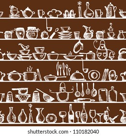 Kitchen utensils on shelves, sketch drawing seamless pattern