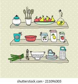 Kitchen utensils on shelves, sketch drawing for your design