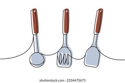 Utensilios de cocina de una línea de dibujo continuo de color. Espátula de cocina, imagen continua de una línea.