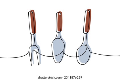 Utensilios de cocina de una línea de dibujo continuo de color. Espátula de repostería, tenedor de barbacoa, ilustración continua de una línea.
