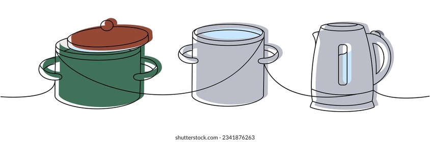 Küchenutensilien mit einer einzeiligen, durchgehenden Zeichnung. Töpfe mit Deckel, Saucepan, elektrischer Wasserkocher kontinuierlich eine Linie Illustration.