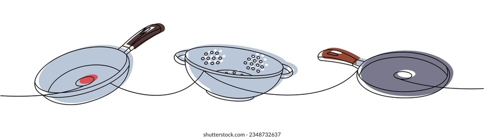 Kitchen utensils one line colored continuous drawing. Frying pan, sieve, colander continuous one line illustration.