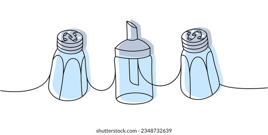 Kitchen utensils one line colored continuous drawing. Salt shaker, paper shaker, portion sugar bowl continuous one line illustration.