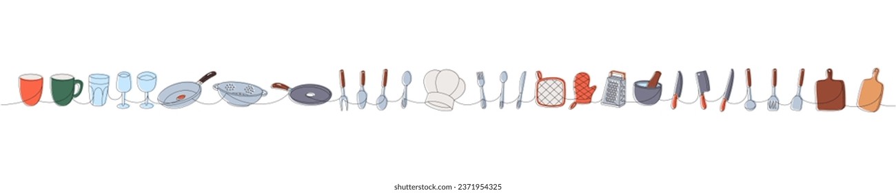 Kitchen utensils one line colored continuous drawing. Cooking tools and appliances, kitchenware, utensil continuous one line illustration.