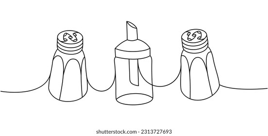 Küchenutensilien für eine Linie. Salzstreuer, Papierschüttler, Portionszuckerschüssel, durchgehende 1-zeilige Illustration.