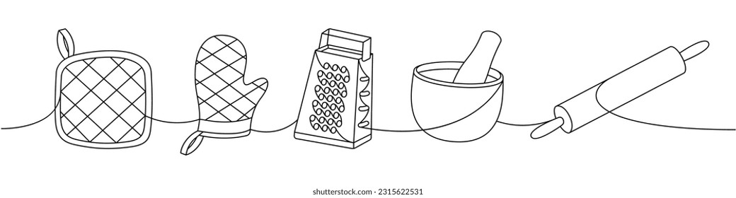 Kitchen utensils one line continuous drawing. Kitchen mitten, cooking glove, hand steel grater, mortar, rolling pin continuous one line illustration.