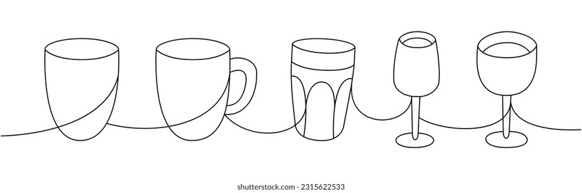 Kitchen utensils one line continuous drawing. Mug, cup, empty glass, bocal, wineglass continuous one line illustration.